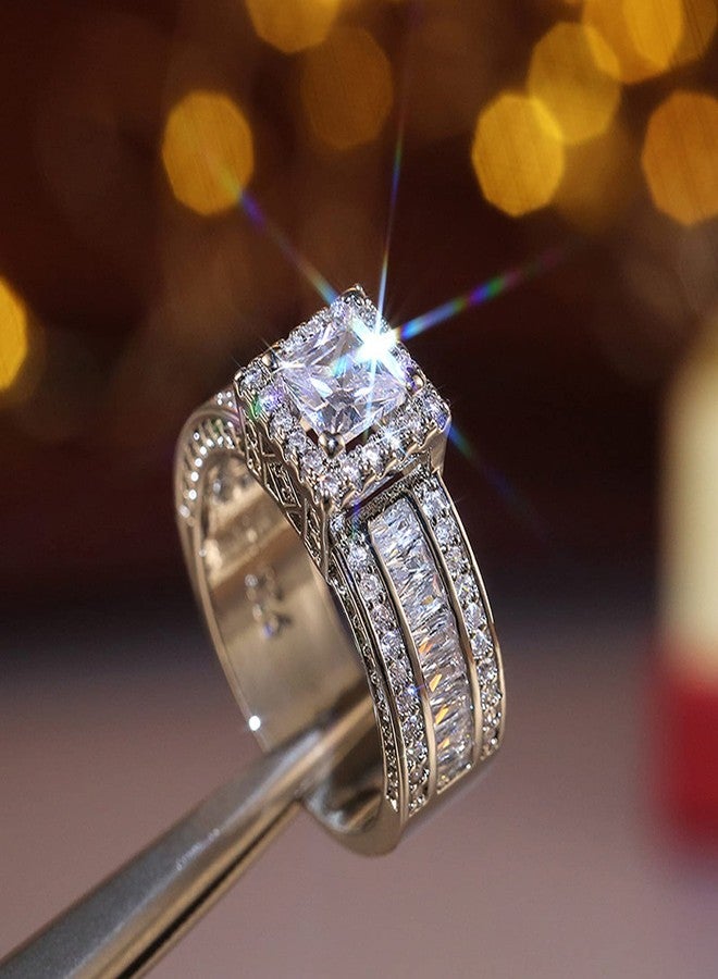 RKKOJJO 925 Sterling Silver Shiny Full Diamond Gemstone Ring Cubic Zirconia Rings CZ Diamond Multi Row Ring Eternity Engagement Wedding Band Ring for Women (US Code 7) - Image 3